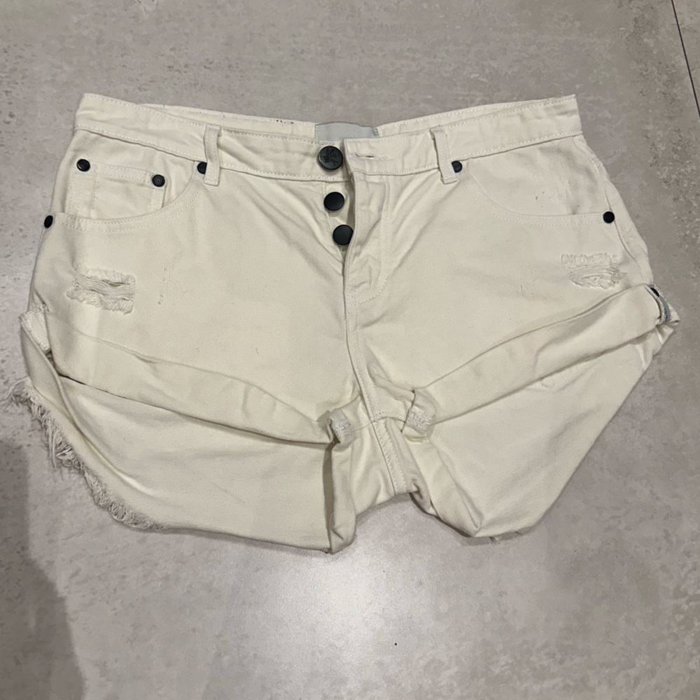 One Teaspoon Cream Distressed Jean Shorts